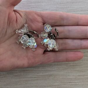 Vintage Aurora Borealis Crystal Faceted Bead Clip-on Earrings VTG Clear Crystal